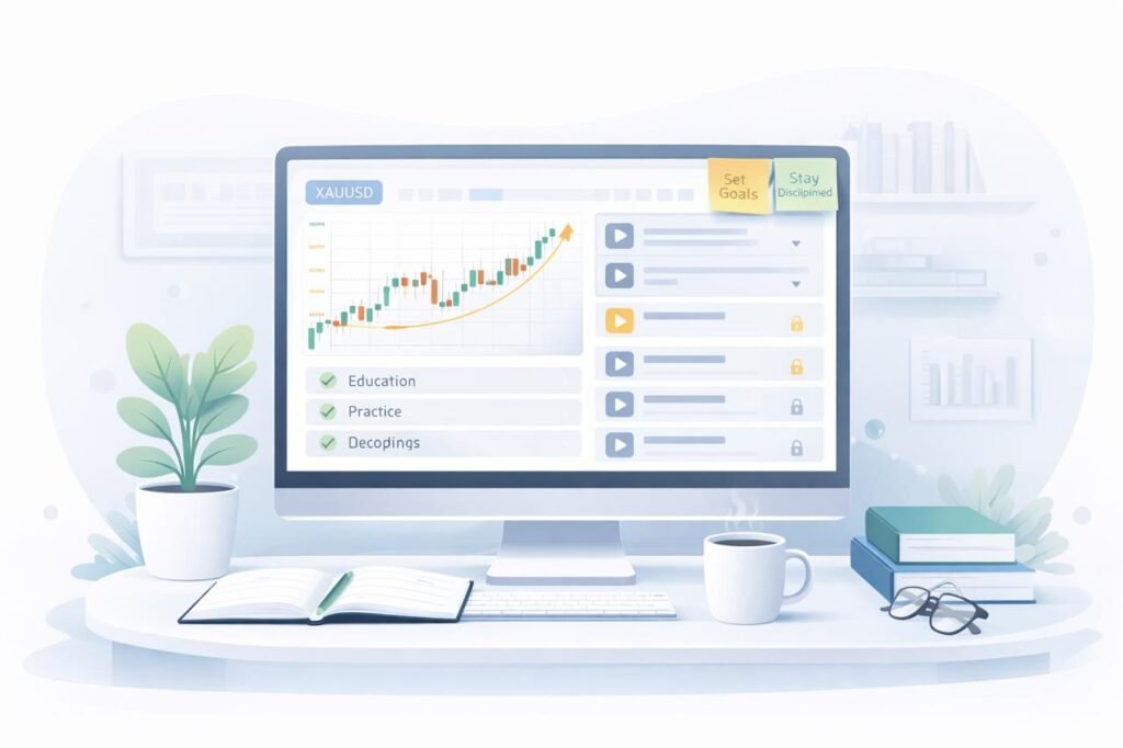 Clean learning illustration dashboard showing trading charts, course modules and structured education system of Sohoz Trading Academy.